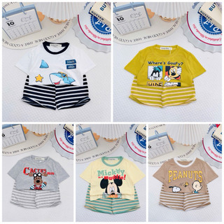 Bộ thun lạnh cộc tay sọc dệt in hình dễ thương cho bé trai bé gái size 9-23kg