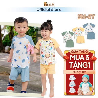 Bộ cộc tay trẻ em arich, thiết kế raplang, thân áo họa tiết, chất liệu vải sợi tre petit size 9M-6 tuổi