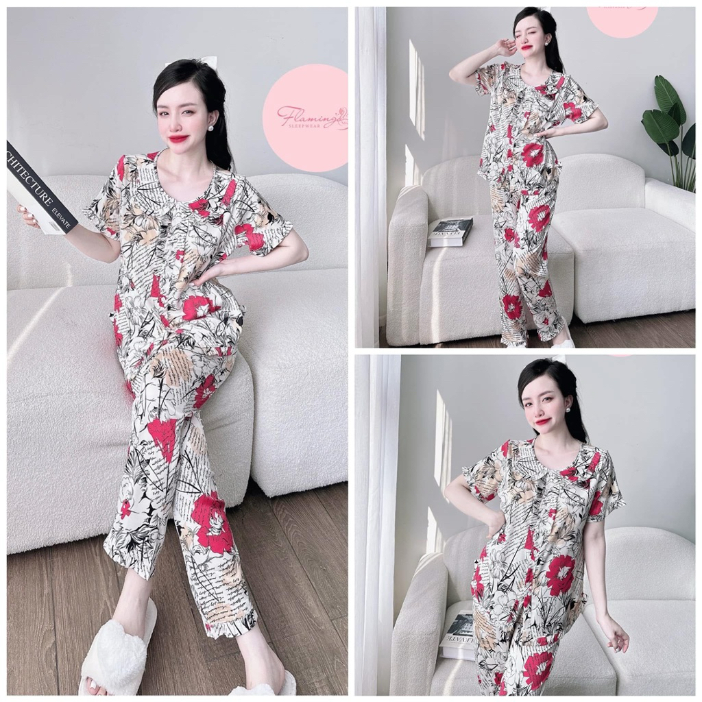 Đồ bộ pijama BOLOBALA mặc nhà quần dài áo tay ngắn cổ sen hàng Flamingo SP_125 chất lụa latin xịn, s