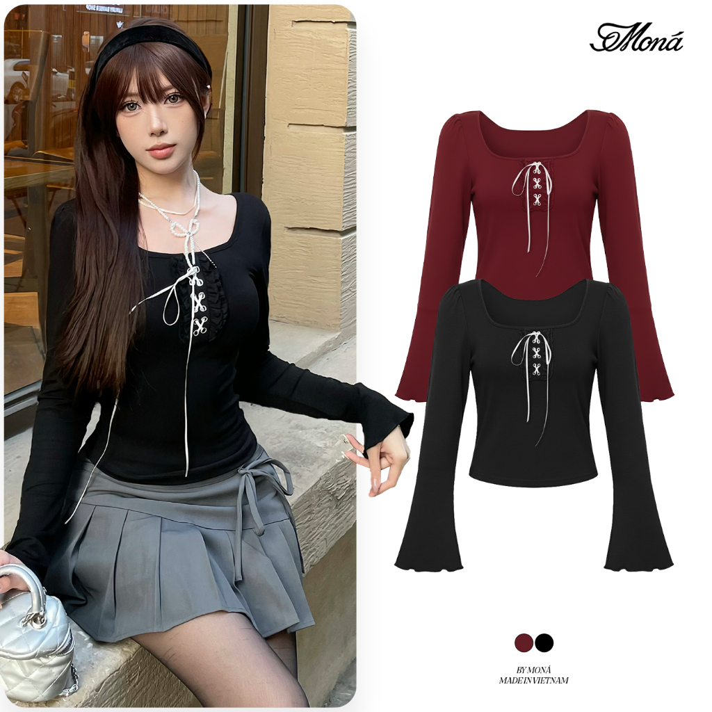 Áo thun nữ dài tay MONÁ ôm dáng cổ vuông phối nơ - FLARE TOP