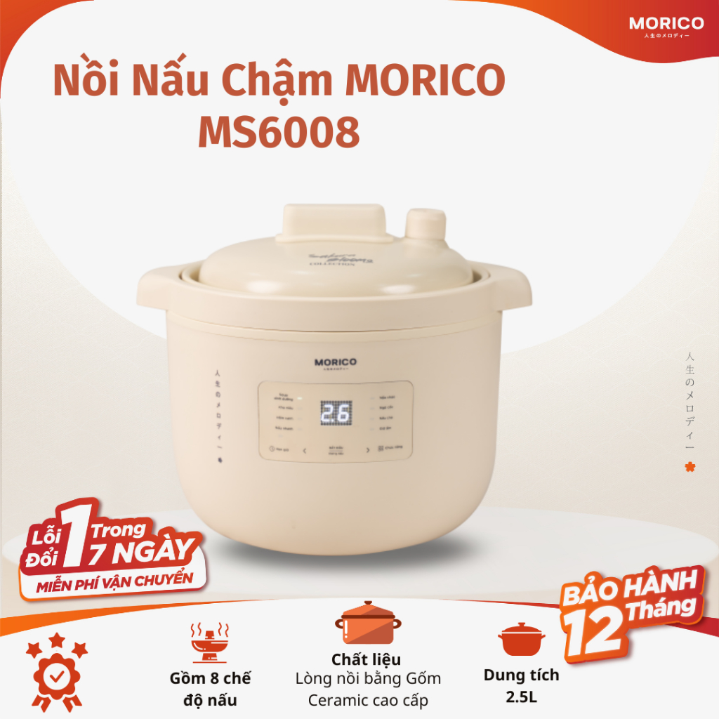 Nồi Nấu Chậm MORICO MS6008 – Giữ Ấm, Hẹn Giờ, 8 Chế Độ Tự Động, Gốm Ceramic An Toàn Sức Khỏe