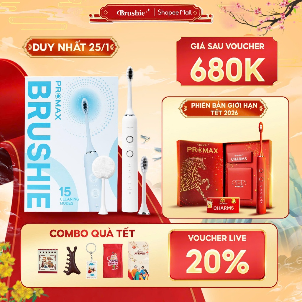 Bàn chải điện Brushie Promax x15 chế độ làm sạch chuyên biệt, bảo hành 3 năm