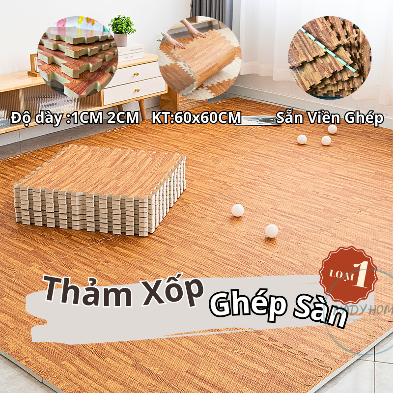 Bịch 4 tấm thảm lót sàn nhà màu vân gỗ dày 2cm hoặc 1cm, thảm xốp ghép trải sàn tặng kèm viền rời ch