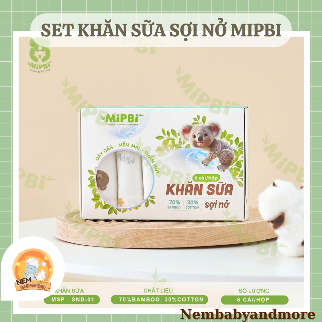 Khăn sữa sợi nở Mipbi cao cấp dày dặn, mềm mịn, thấm hút tốt hộp 6 chiếc an toàn cho bé Nembabyandmo