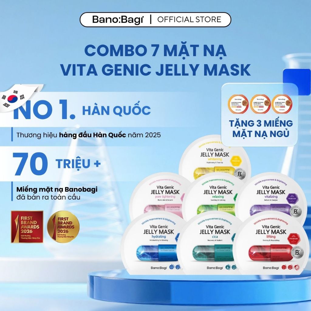 [Tặng 3 Miếng Mặt Nạ Ngủ] COMBO 7 Mặt Nạ BANOBAGI Vita Genic Jelly Mask Hỗ Trợ Dưỡng Ẩm, Cải Thiện L