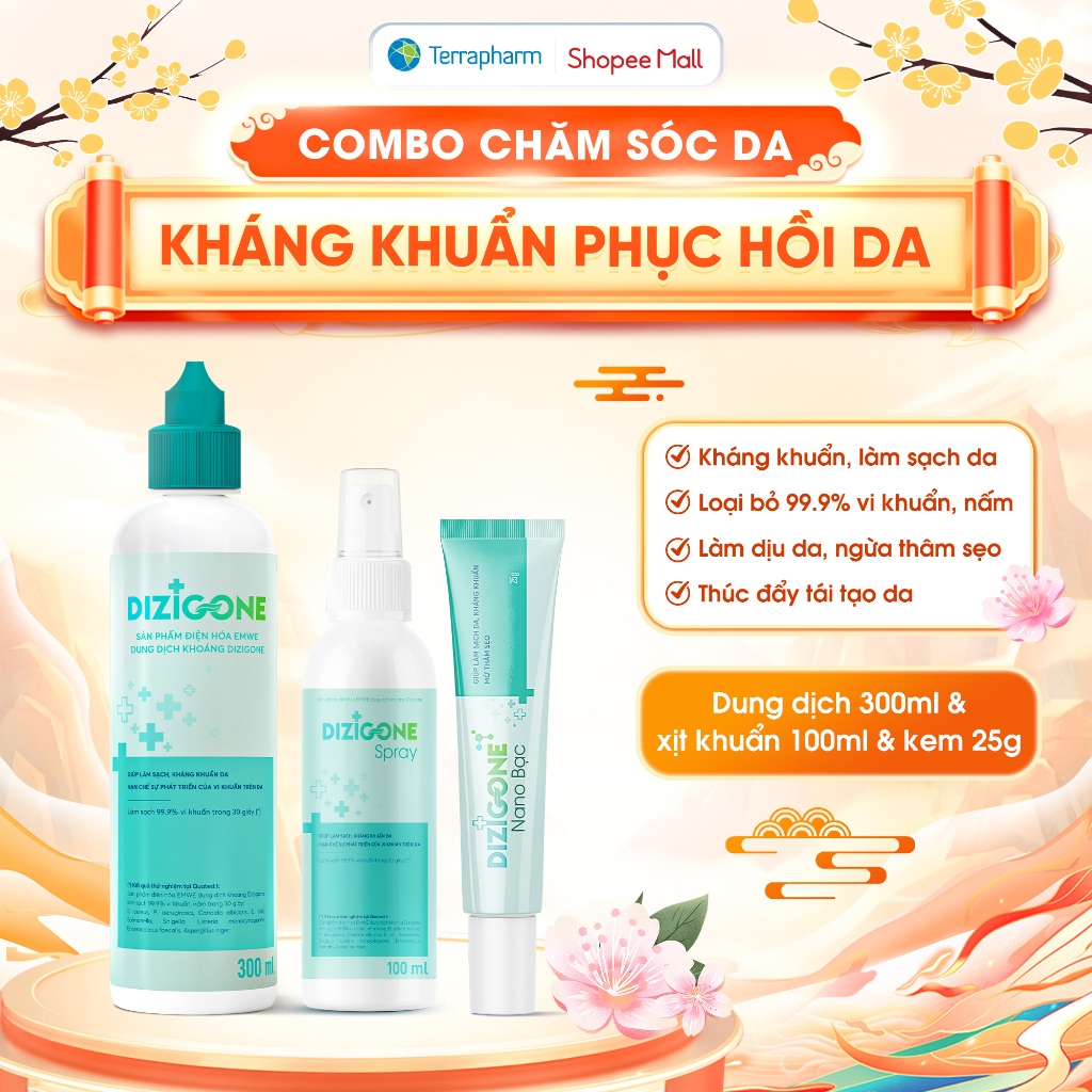 [COMBO] Dung dịch DIZIGONE 300ml & Xịt DIZIGONE 100ml & Kem DIZIGONE Nano Bạc 25g: Kháng khuẩn, làm 