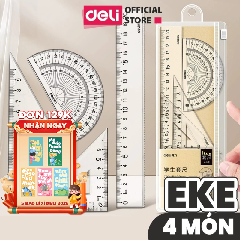 Bộ 4 dụng cụ eke học sinh Deli - 1 bộ eke thước kẻ đo góc tam giác vuông - 71988