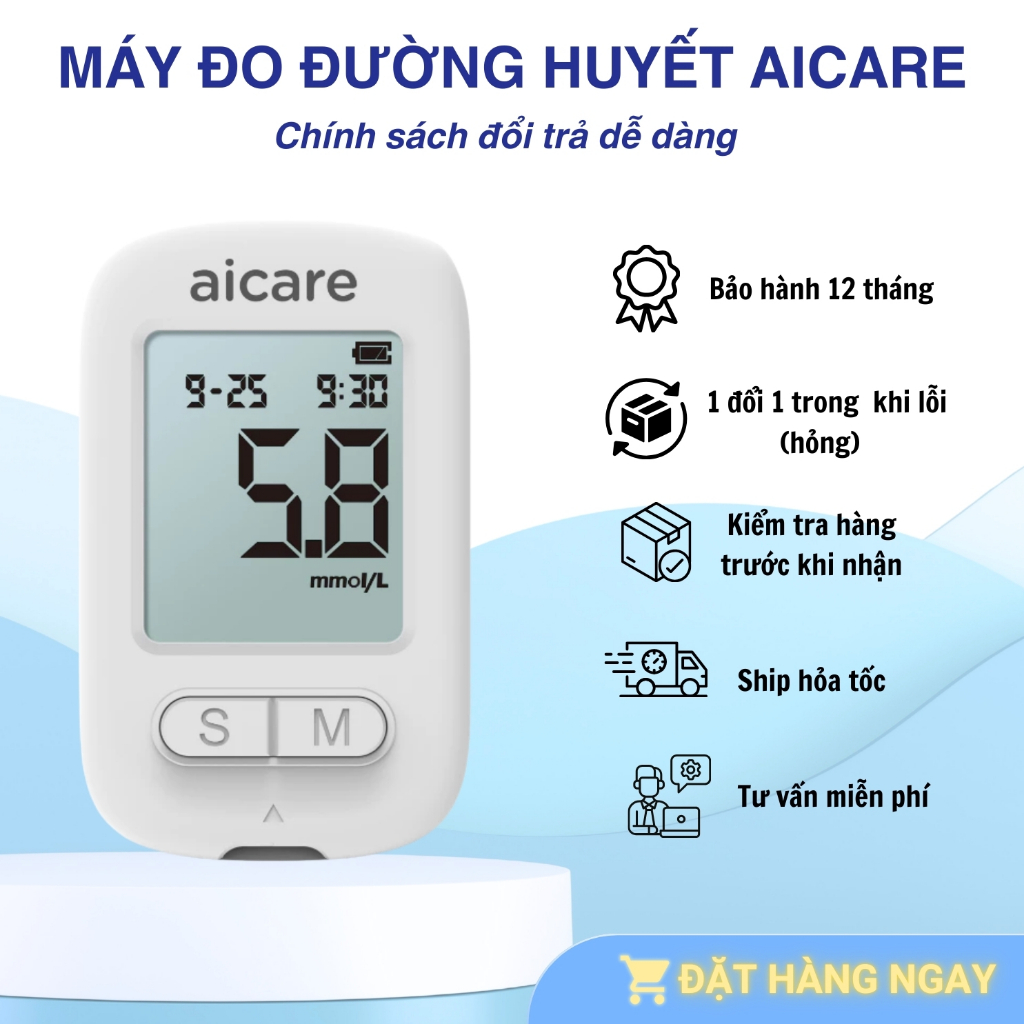 Combo Máy Đo Đường Huyết AICARE W33 Chính Hãng, Tặng Que Thử & Kim Lấy Máu, Đo Nhanh 5 Giây, Dễ Sử Dụng Tại Nhà.