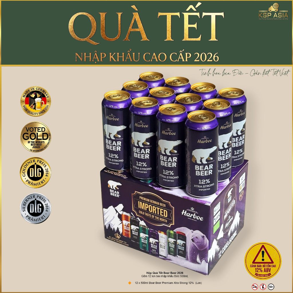 [QUÀ TẾT CAO CẤP] Bia Gấu Harboe Bear Beer Xtra Strong 12% hộp 12 lon 500ML