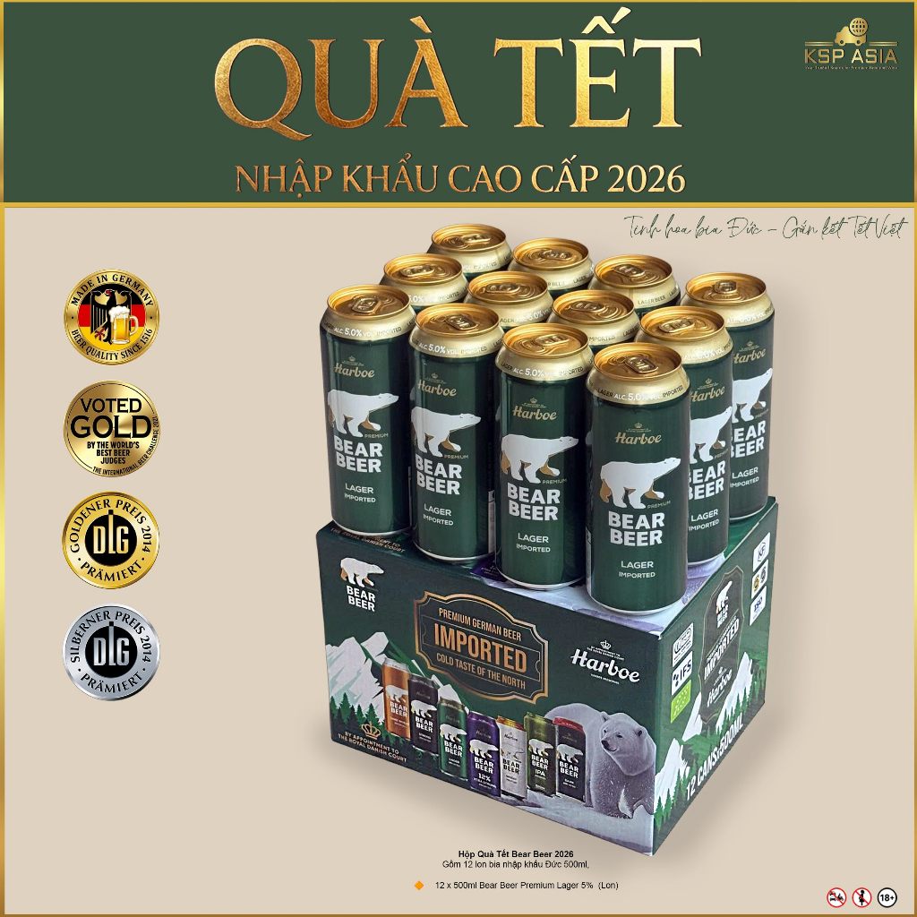 [QUÀ TẾT CAO CẤP] Bia Gấu Harboe Bear Beer Lager 5% Hộp 12 Lon 500ml