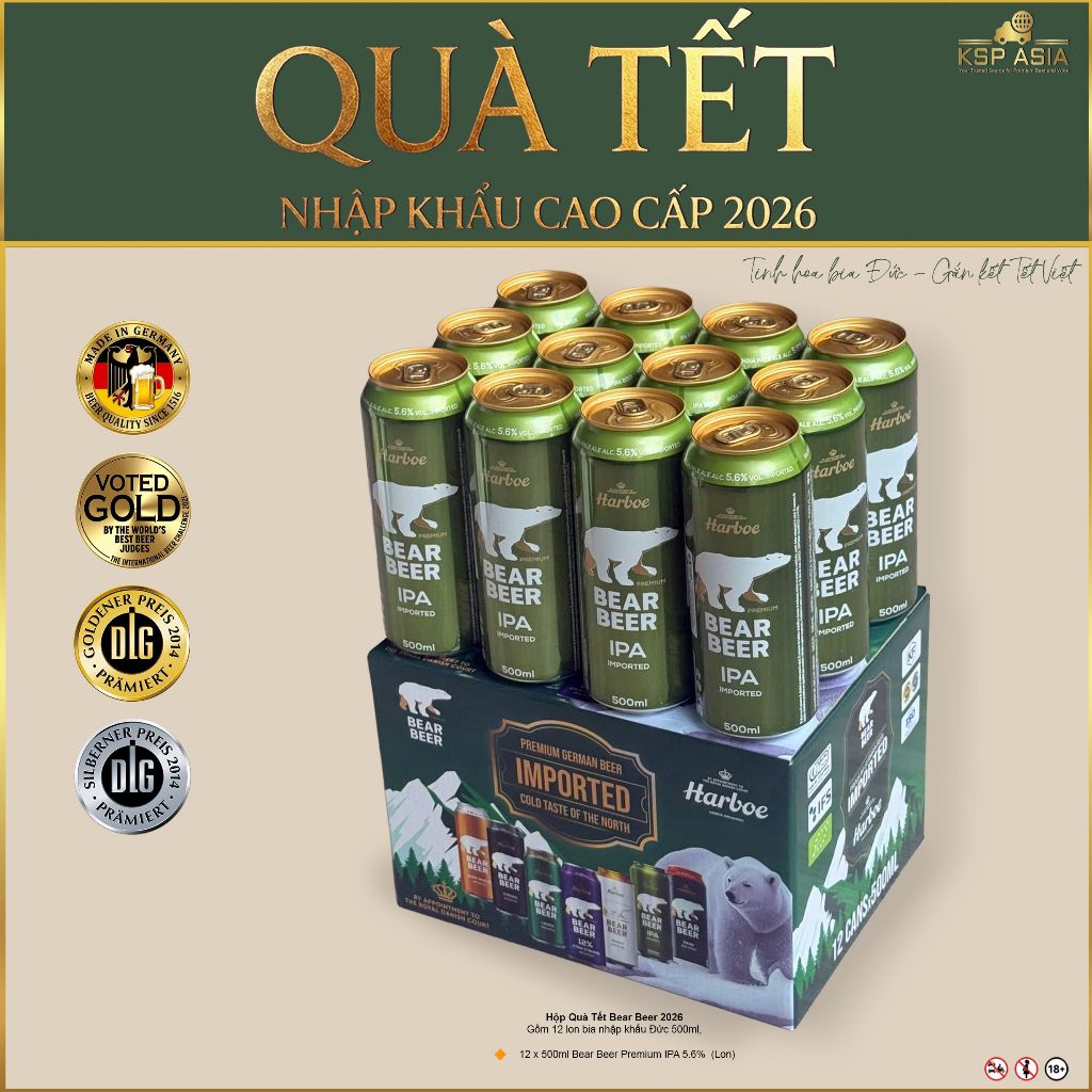 [QUÀ TẾT CAO CẤP] Bia Gấu Harboe Bear Beer IPA 5.6% Hộp 12 Lon 500ml