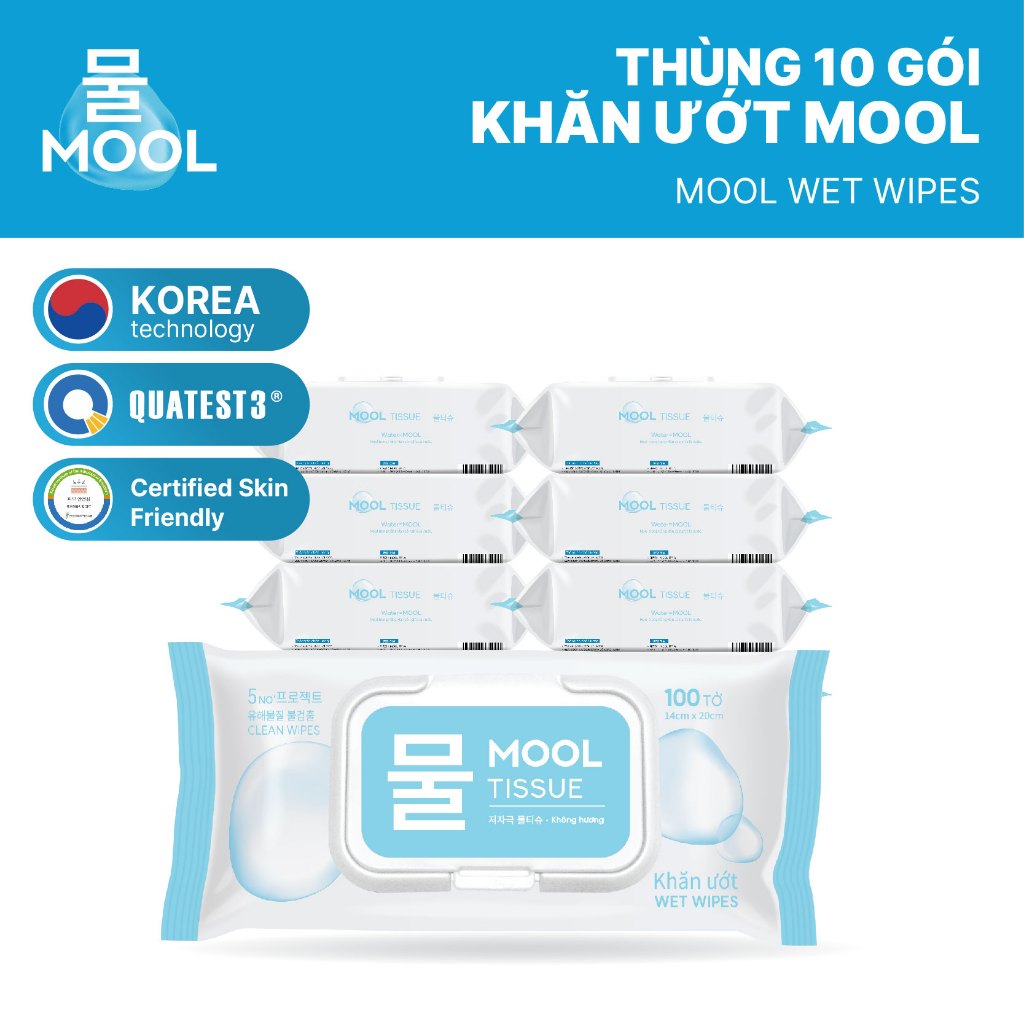 Thùng 10 gói Khăn ướt MOOL 100 tờ không hương, không paraben, dịu nhẹ cho da