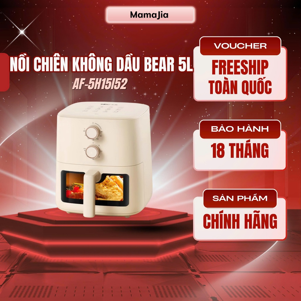 Nồi Chiên Không Dầu Bear 5L AF-5H15I52 , Công suất 1500W, Núm xoay cơ, menu món ăn Tiếng Việt