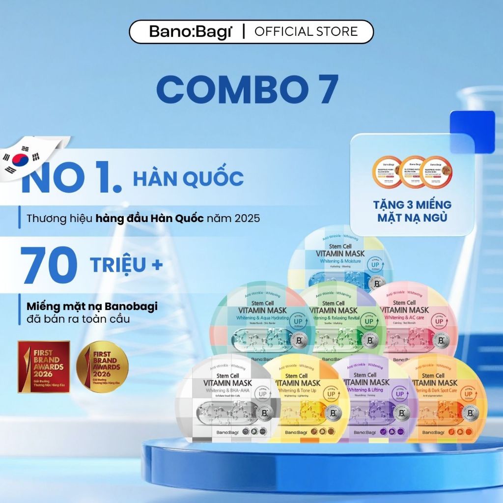 [Tặng 3 Miếng Mặt Nạ Ngủ] COMBO 7 Mặt Nạ BANOBAGI Stem Cell Vitamin Mask Whitening Giúp Làn Da Tươi 