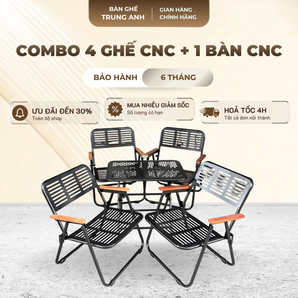 Combo 4 ghế CNC + 1 bàn cafe camping sắt, bộ bàn ghế ngoài trời, bộ bàn ghế xếp gọn, ghế CNC và bàn CNC
