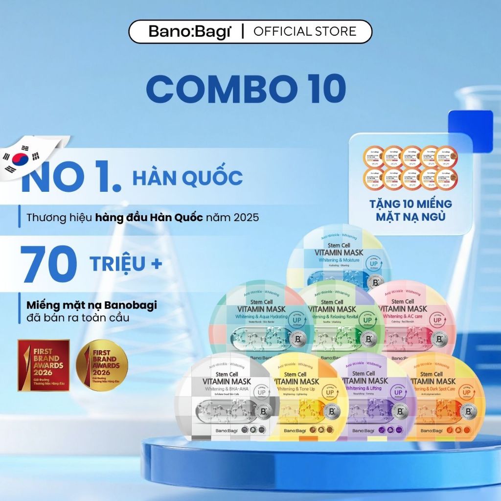 [Tặng 10 Miếng Mặt Nạ Ngủ] COMBO 10 Miếng Mặt Nạ BANOBAGI Stem Cell Hỗ Trợ Cấp Ẩm, Dưỡng Trắng Da 30