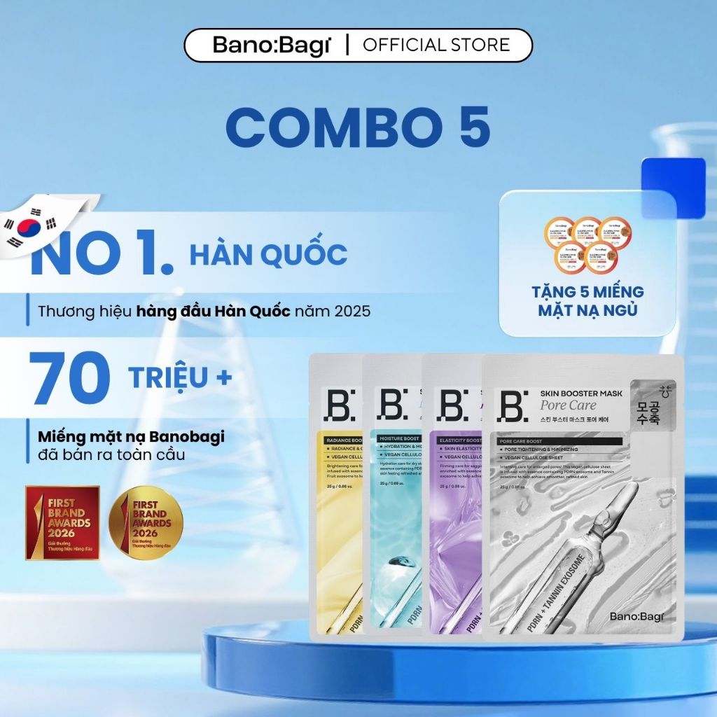 [Tặng 5 Miếng Mặt Nạ Ngủ]  COMBO 5 Mặt Nạ BANOBAGI Skin Booster Mask  Hỗ Trợ Làm Sáng Da, Cấp Ẩm 25m