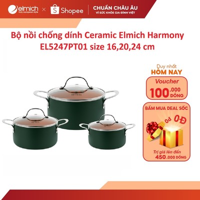 Bộ nồi chống dính Ceramic Elmich Harmony EL5247PT01 size 16,20,24 cm