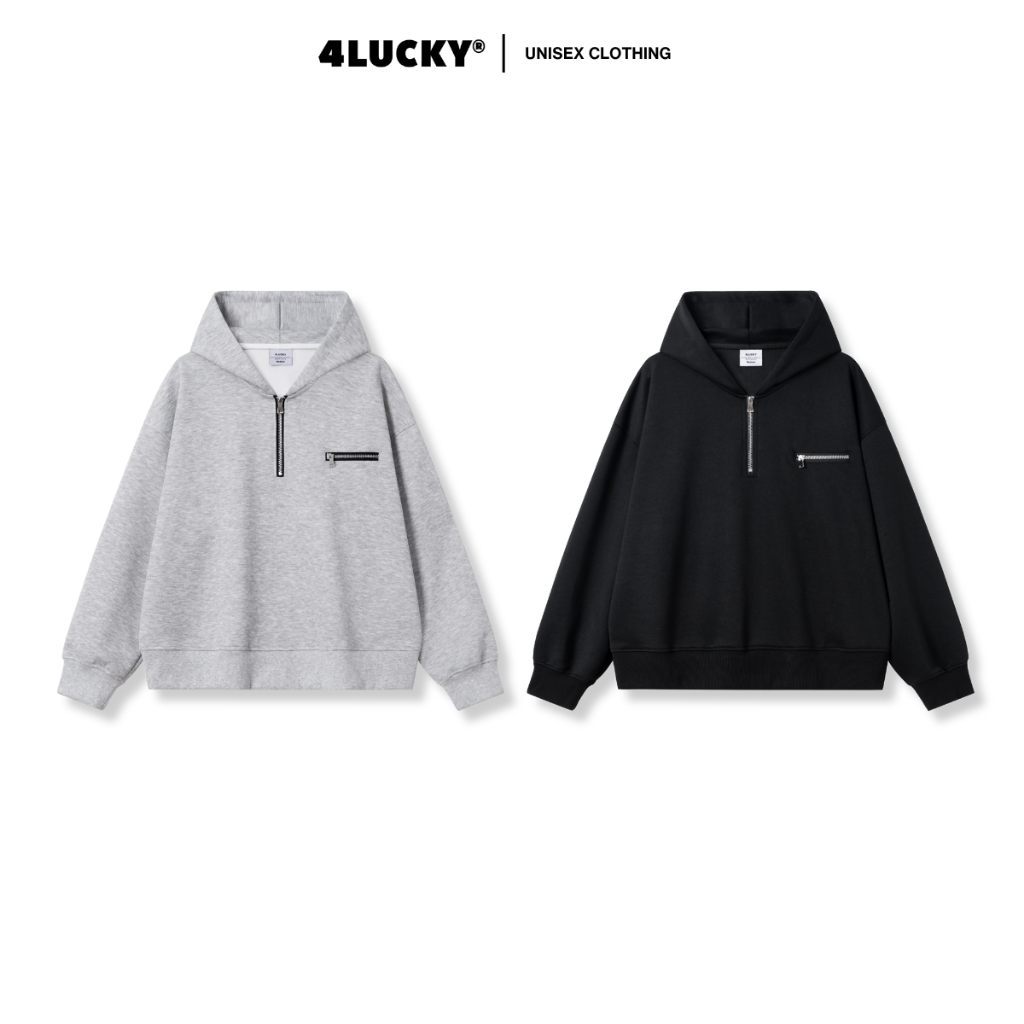 Áo Hoodie Nỉ 2 Da Phối Dây Kéo Ngắn Unisex 4Lucky 6156, Áo Khoác Nỉ Trơn Basic Form Rộng Nam Nữ