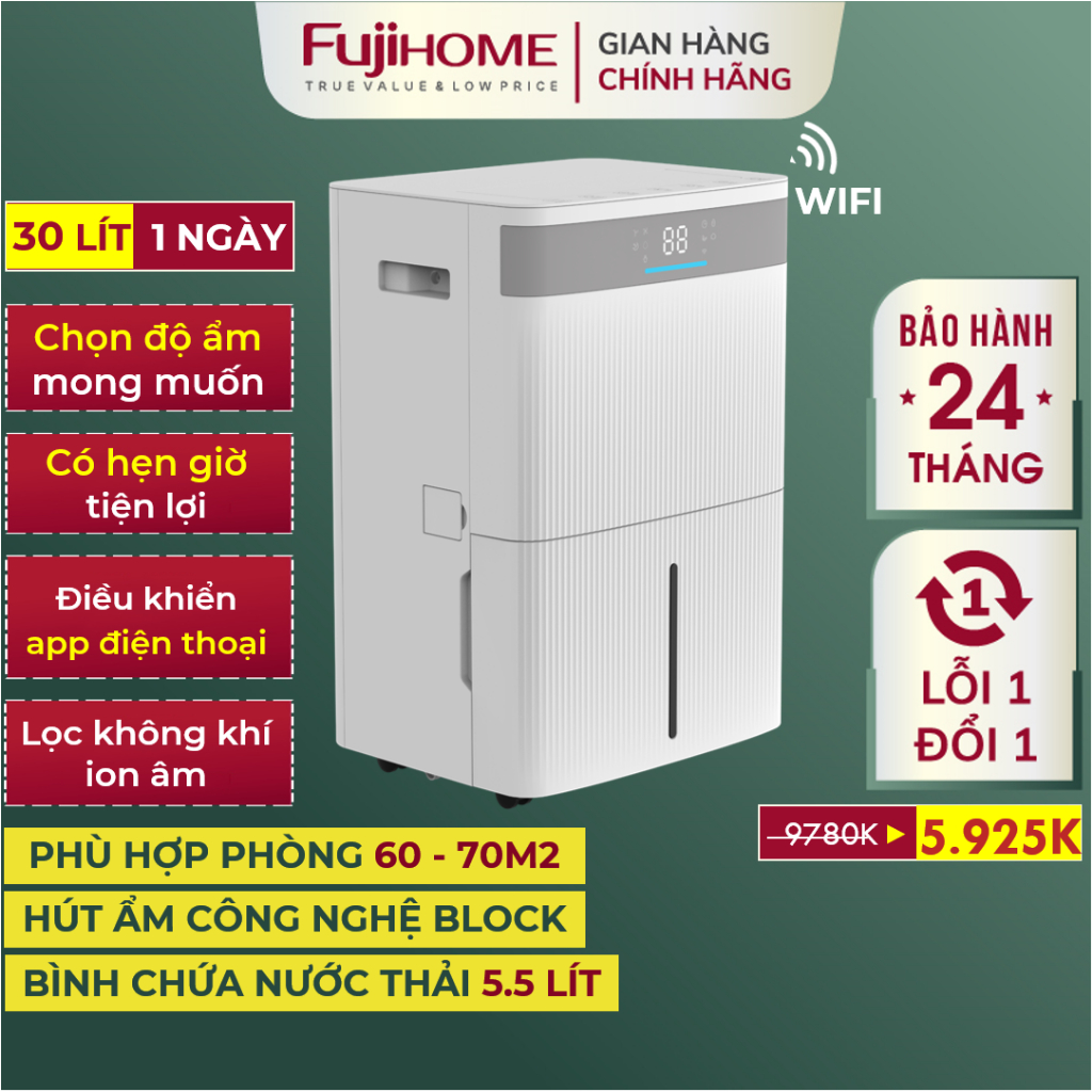 Máy hút ẩm 30L FUJIHOME Nhập Khẩu DH30NW, Máy hút ẩm công nghệ máy nén có lọc không khí Ionizer