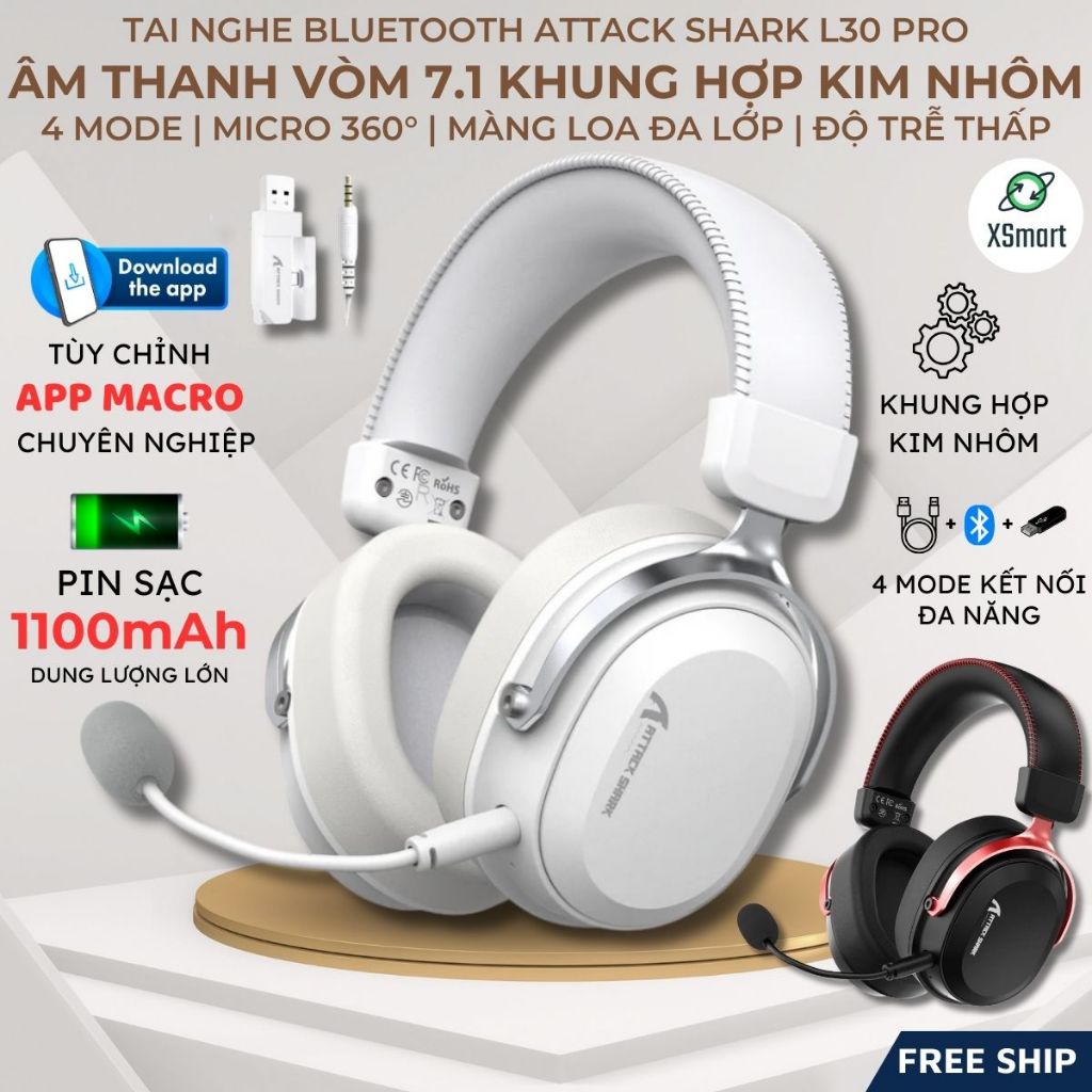 Tai Nghe Bluetooth Attack Shark L30 Pro Gaming Khung Nhôm Cao Cấp Âm Thanh Vòm 7.1 App Macro