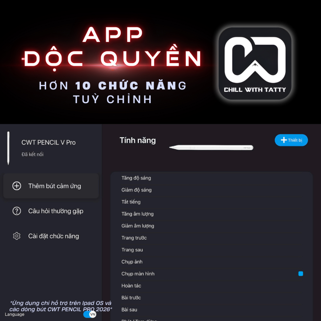 Bút cảm ứng CWT PENCIL V PRO dùng cho máy tính bảng i.o.s từ 2018 trở đi, có hỗ trợ tì đè | BigBuy360 - bigbuy360.vn