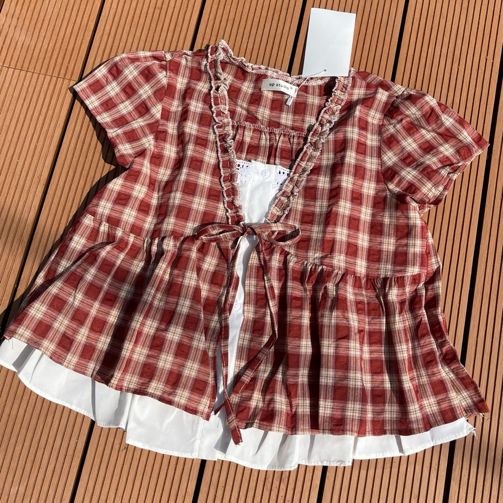 Áo Babydoll Tay Ngắn Nữ 0752 2 Lớp Linen Buộc Nơ Ngực Dáng Ôm Ulzzang Hàn Quốc