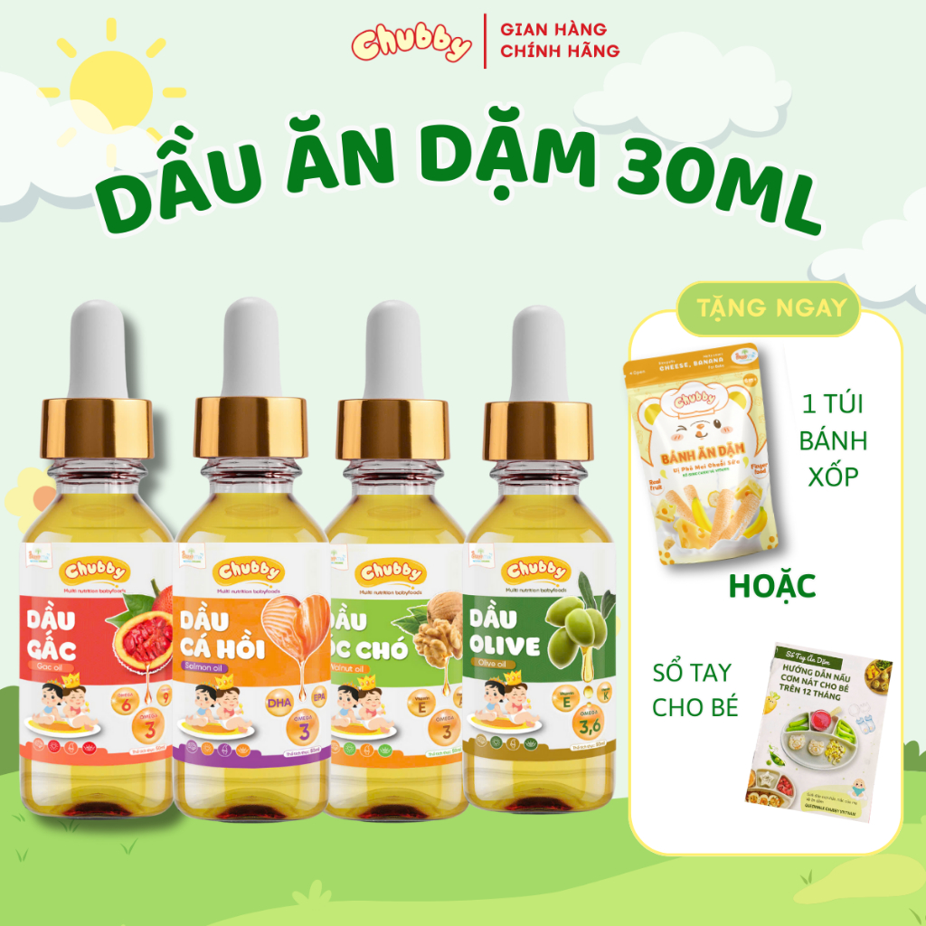 Combo Dầu ăn dặm Mini 30ml Chubby giàu dinh dưỡng cho bé [Tặng bánh hoặc Sổ tay khi mua Combo]