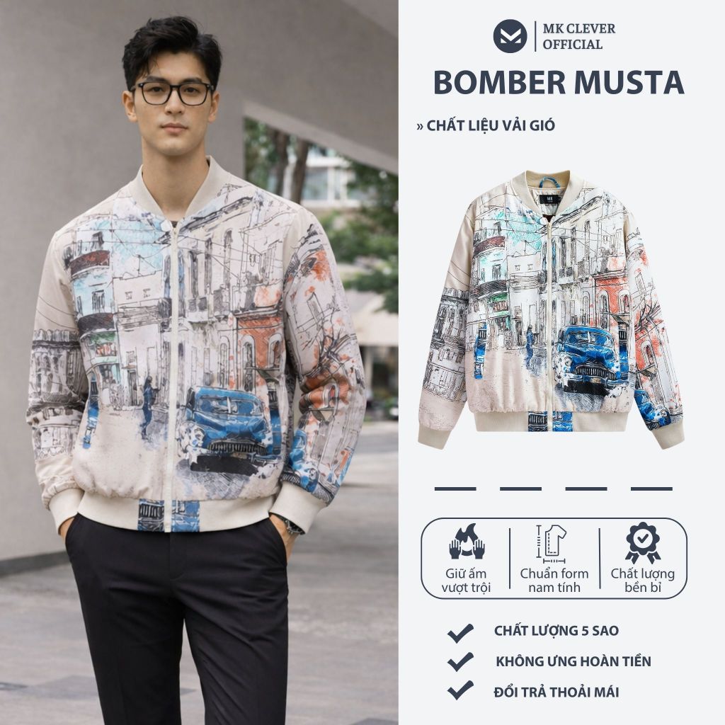Áo khoác nam bomber MK CLEVER Musta chất liệu vải gió trần bông dày dặn, cản gió tốt, trẻ trung
