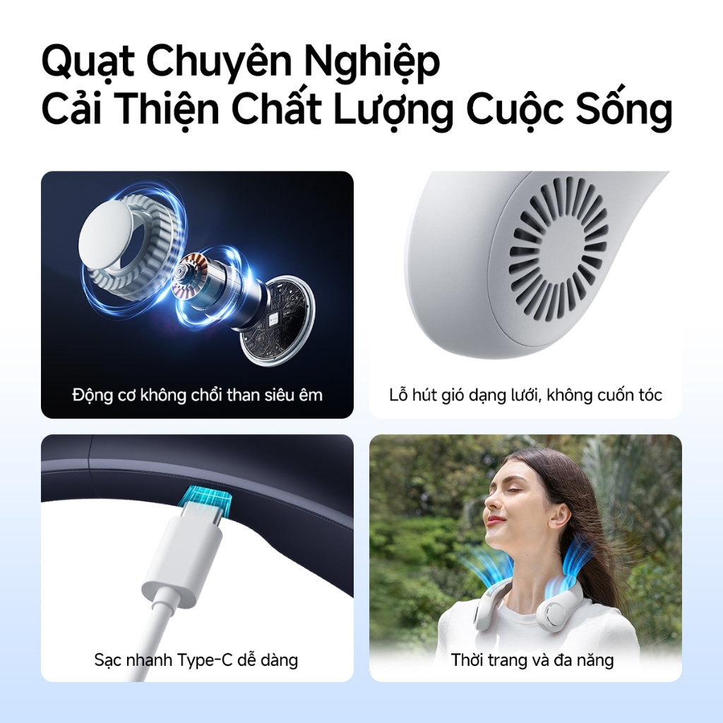 Quạt đeo cổ JisuLife 3, pin bền, 3 cấp gió, gọn nhẹ, tiện du lịch, ngoài trời, dùng hàng ngày | BigBuy360 - bigbuy360.vn