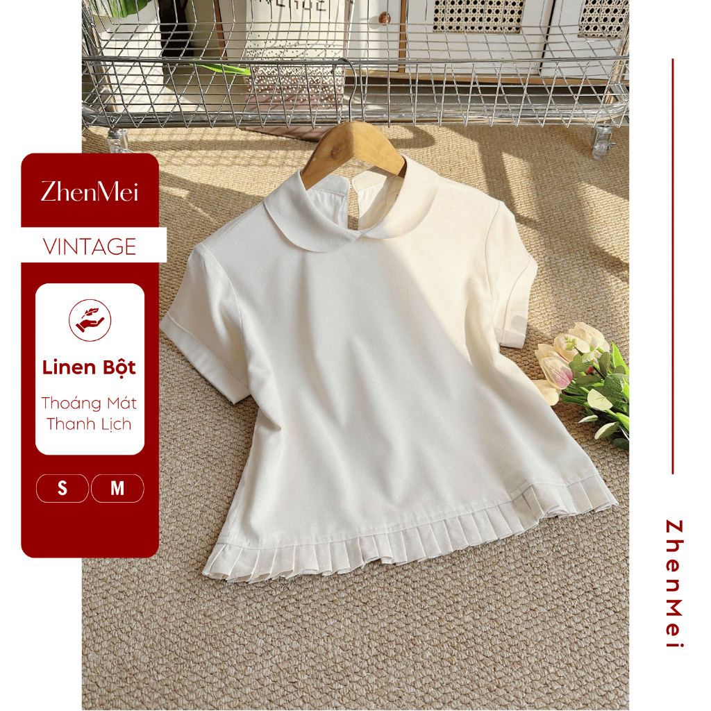 Áo Nữ Kiểu Linen Nữ Tay Ngắn Cổ Sen Viền Xếp Ly Nữ Tính - ZHENMEI AK06