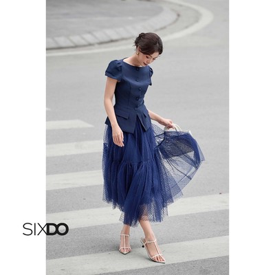 Áo nữ kiểu ngắn tay cổ ngang SIXDO (Navy Woven Blouse)