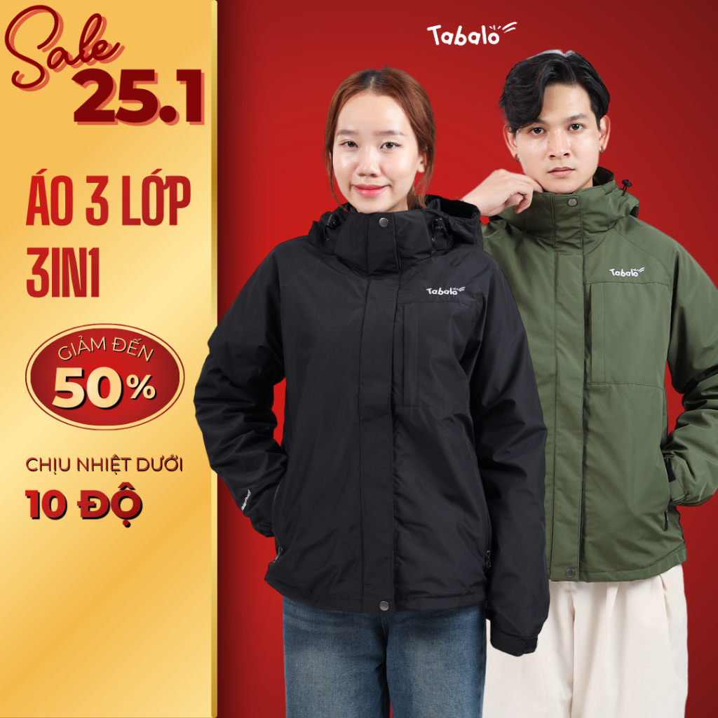 Áo Phao 3in1 Tabalo Mountain Trượt Nước, Áo Khoác Phao 3 Lớp Nam Nữ Có Thể Tháo Rời Cực Ấm
