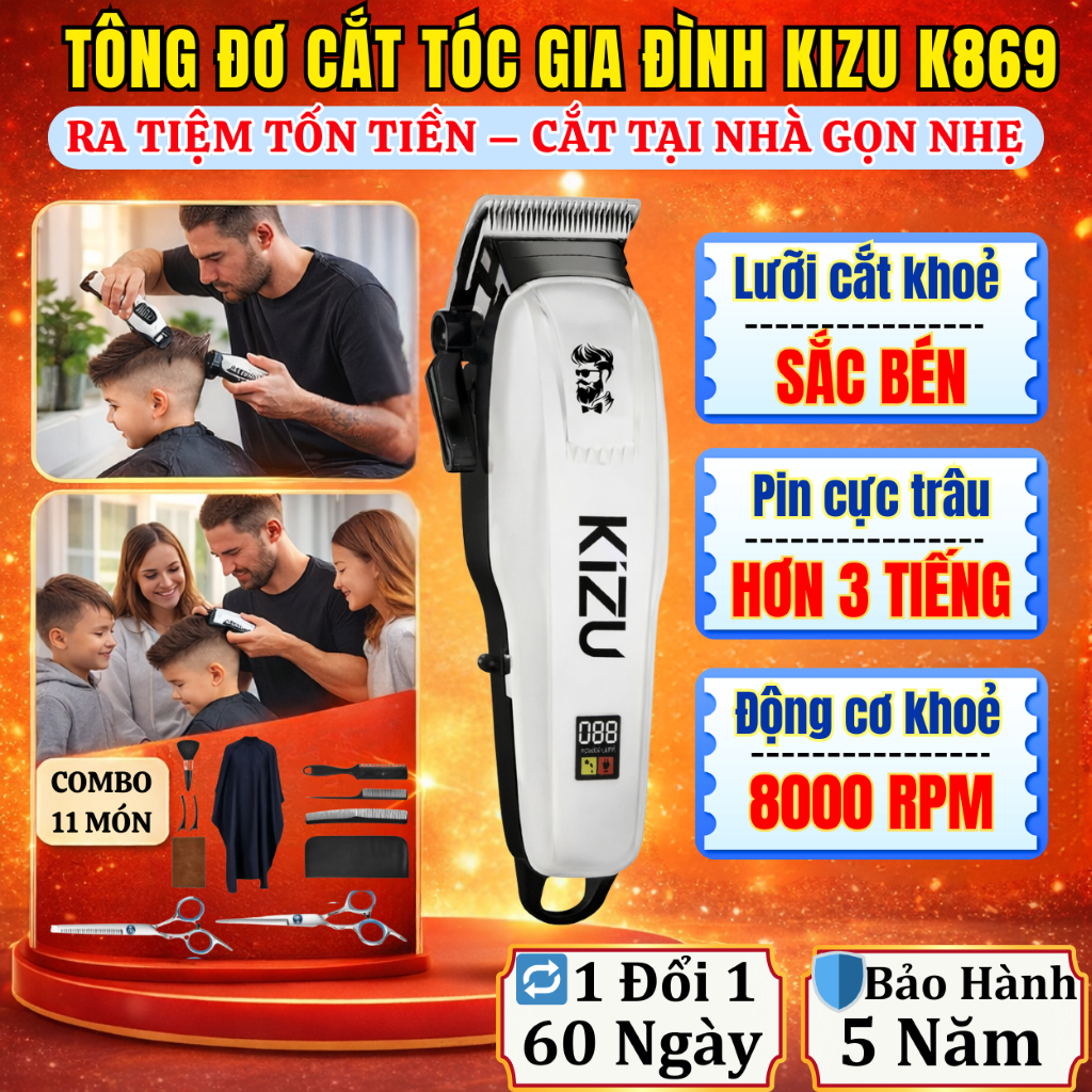 Tông Đơ Cắt Tóc Kizu K869 Cao Cấp, Tăng Đơ Cắt Tóc Nam Lưỡi Sắc Cắt Mượt, Pin Khỏe, Màn Hình LED