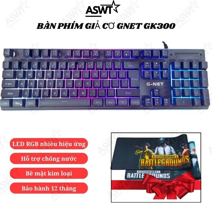 Bàn phím chơi game chống nước Gnet GK300 siêu bền bỉ (bề mặt kim loại, Giả cơ, led RGB) - FULL VAT -