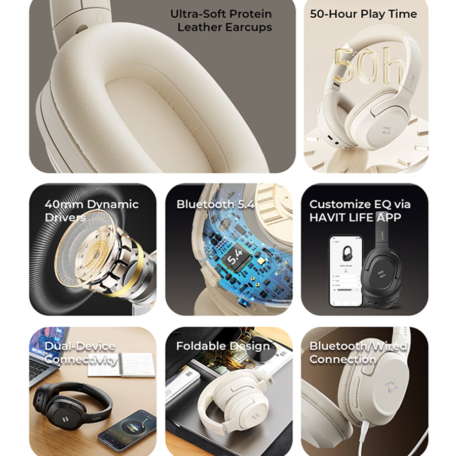 Headphone Bluetooth HAVIT LIFE NC02H, BT 5.4, ANC -30dB, Driver 40mm, App Điều Chỉnh, Nghe Đến 50H - Hàng Chính Hãng | BigBuy360 - bigbuy360.vn