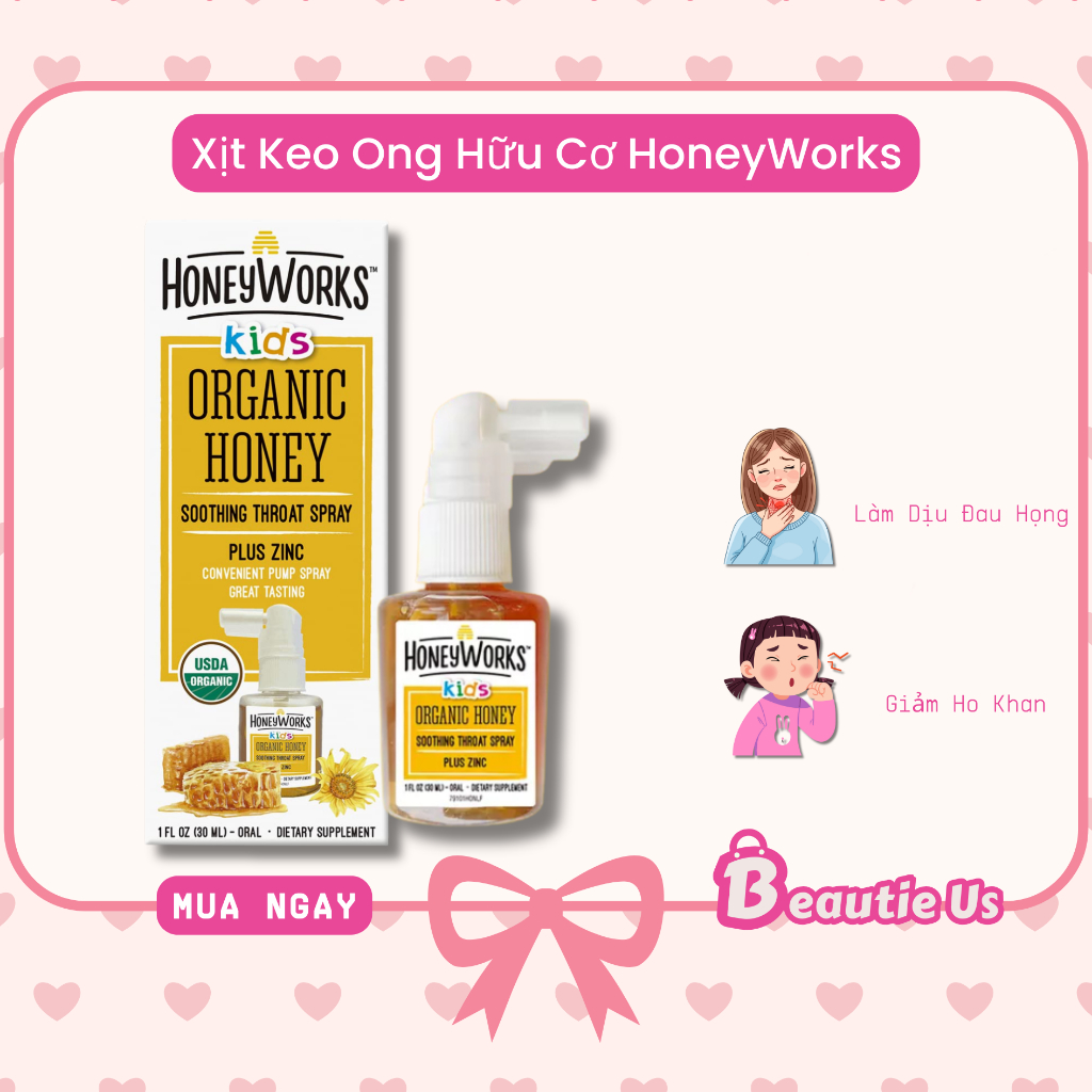 Xịt Họng Keo Ong Hữu Cơ Giảm Ho, Đau Họng Cho Bé Honey Works Kids Spray 30ml của Mỹ