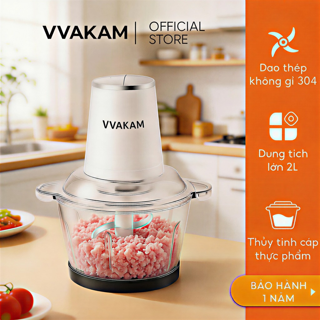 VVAKAM Máy xay thịt mini đa năng 2L Cối Thủy 300W dao Thép không gỉ máy say thịt ăn dặm cho bé tỏi ớt lưỡi