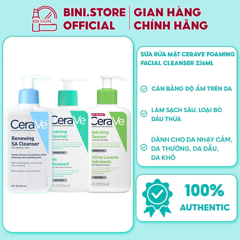 Sữa Rửa Mặt CeraVe Foaming Cleanser 236ml Chính Hãng Cho Da Dầu, Da Khô, Nhạy Cảm 236ml