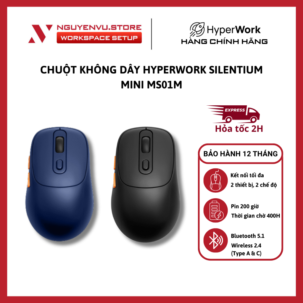 Chuột không dây HyperWork Silentium Mini MS01M Bluetooth/2.4GHz - Hàng Chính Hãng