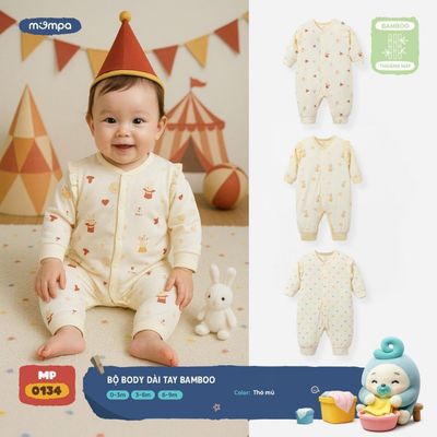 Bodysuit cho bé sơ sinh Mompa dài tay 0-9 tháng vải Sợi tre bamboo mềm mại cúc bấm 0134
