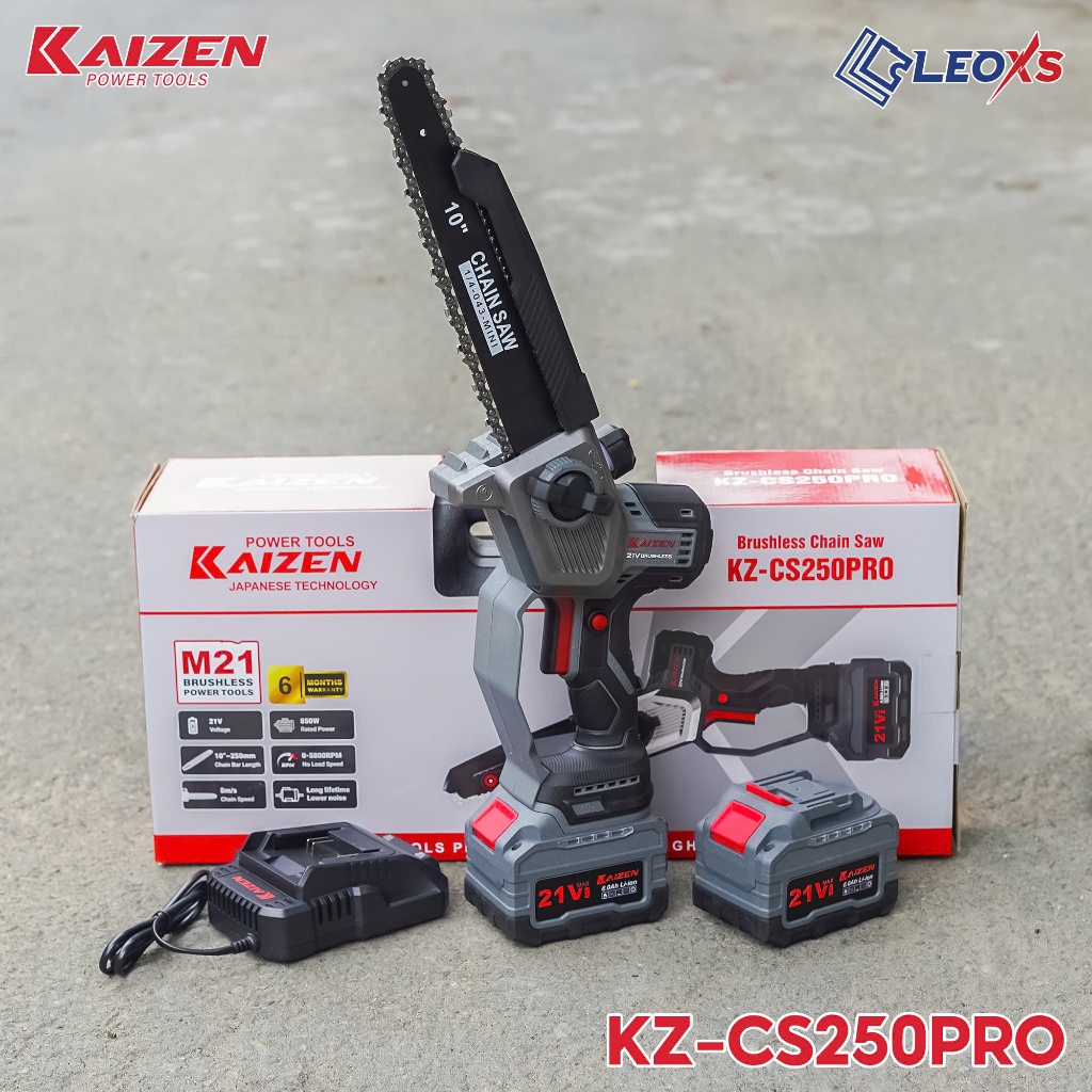 Máy cưa xích dùng pin KAIZEN KZ-CS250PRO Lam dài 250mm 21V kèm pin 6.0AH chức năng phun nhớt tự động