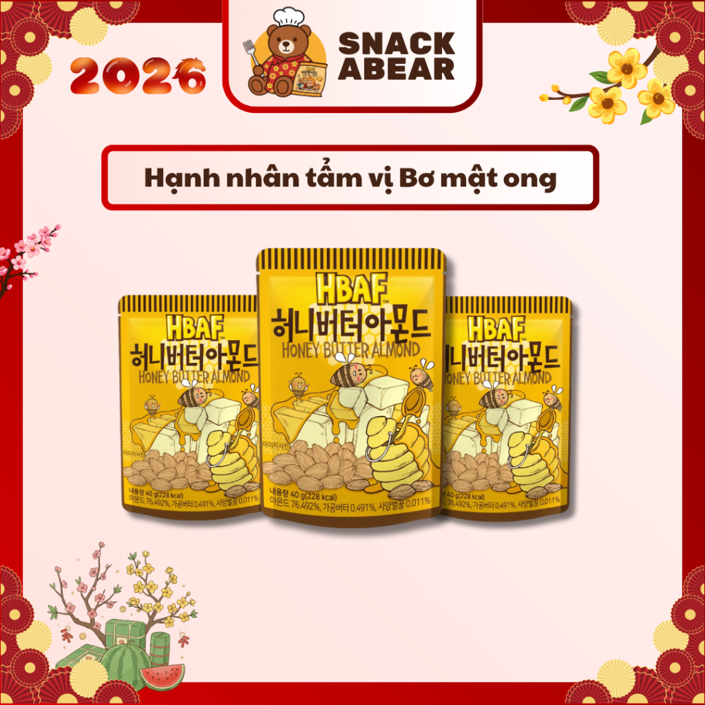 Hạt Hạnh Nhân Tẩm Vị HBAF Mật ong Hàn Quốc – Gói 40g & 120g Ăn Vặt Tiện Lợi Healthy-Snackabear