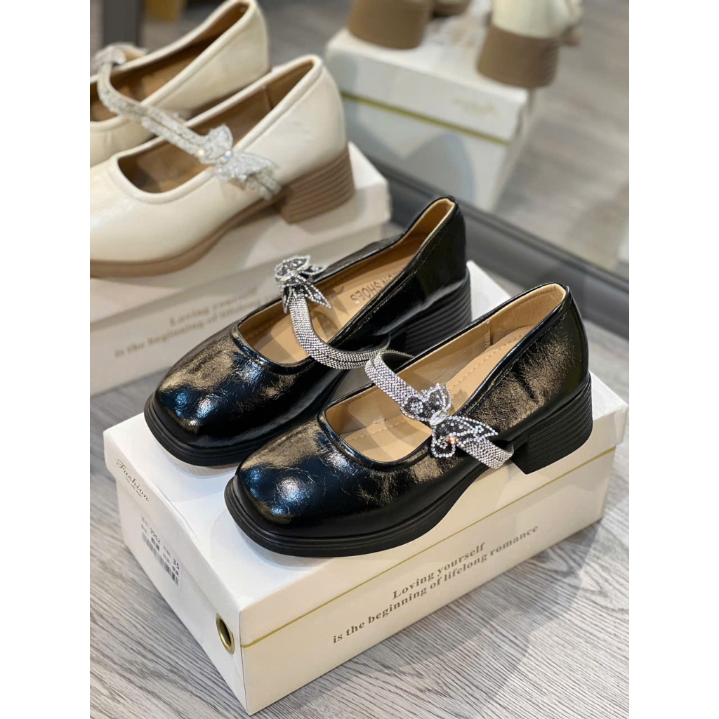 TT1 Giày lolita phối xoàn tag siêu xinhhh - Size 35-39 - Cao 5f - Hàng qccc fullbox - Kem/Đen