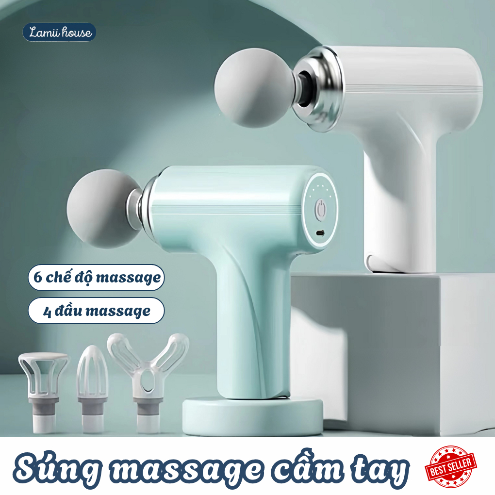 Máy Massage Cầm Tay Mini Súng Massage Toàn Thân Đấm Lưng Mát Xa Trị Liệu Cổ Vai Gáy 4 Đầu 6 Chế Độ