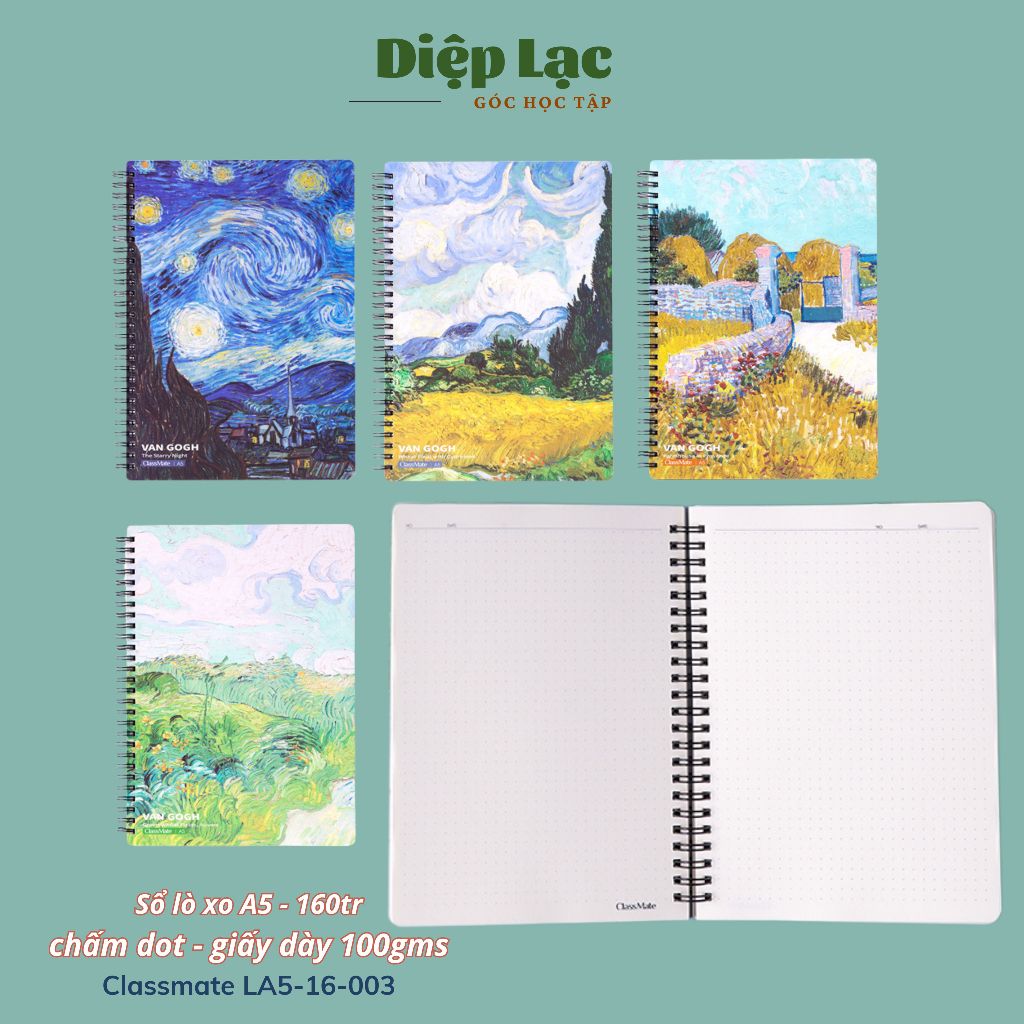 Sổ chấm dot lò xo A5 giấy dày 100gms CAO CẤP 160tr Vangogh Sổ Tay A5 Dòng Kẻ Chấm Dot Grid
