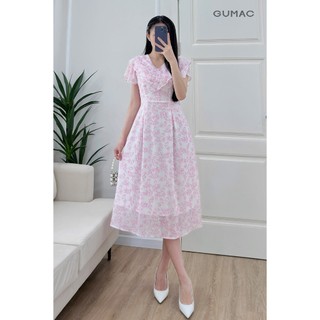 Đầm nữ form A xòe GUMAC cổ V bèo tay loe màu hồng xanh họa tiết hoa lá nhẹ nhàng nữ tính LDF0602