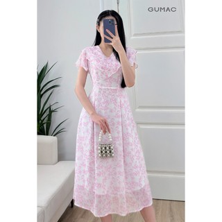 Đầm nữ form A xòe GUMAC cổ V bèo tay loe màu hồng xanh họa tiết hoa lá nhẹ nhàng nữ tính LDF0602