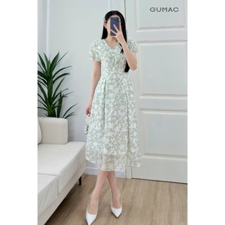 Đầm nữ form A xòe GUMAC cổ V bèo tay loe màu hồng xanh họa tiết hoa lá nhẹ nhàng nữ tính LDF0602