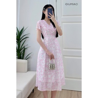 Đầm nữ form A xòe GUMAC cổ V bèo tay loe màu hồng xanh họa tiết hoa lá nhẹ nhàng nữ tính LDF0602
